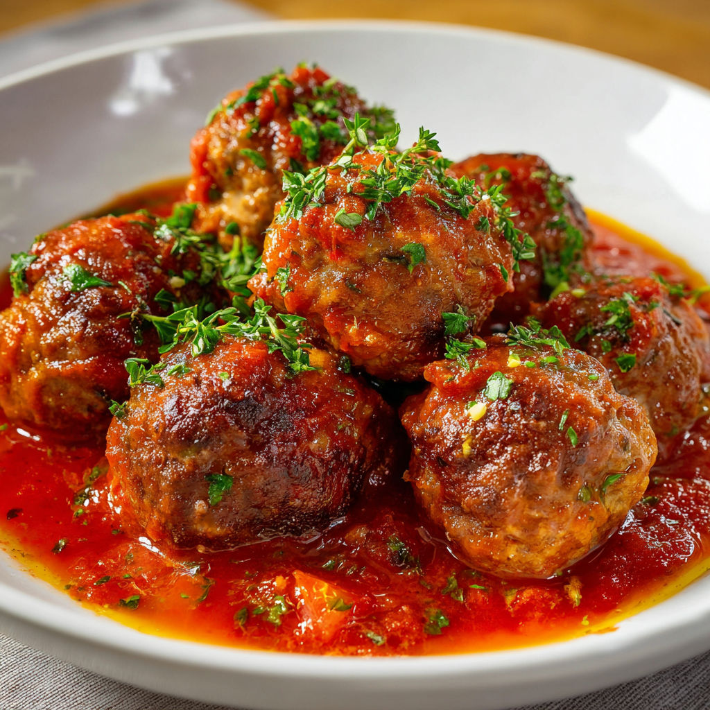 Une belle assiette de boulettes avec leur sauce, des herbes et des épices, posée sur un plat.