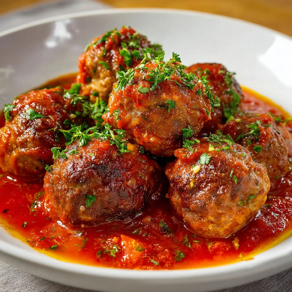 Une belle assiette de boulettes avec leur sauce, des herbes et des épices, posée sur un plat.