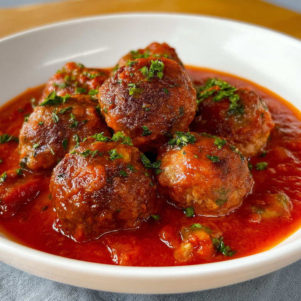 Une assiette généreuse de boulettes baignant dans leur sauce tomate.