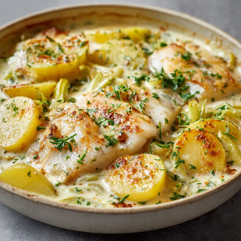 Gratin de sole et pommes de terre, accompagné de légumes et d’herbes, dans un plat en céramique.
