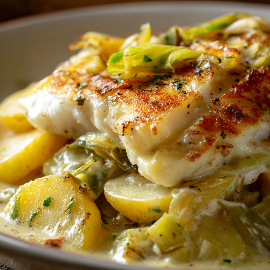 Un gratin de sole et pommes de terre prêt à être servi sur un plateau.