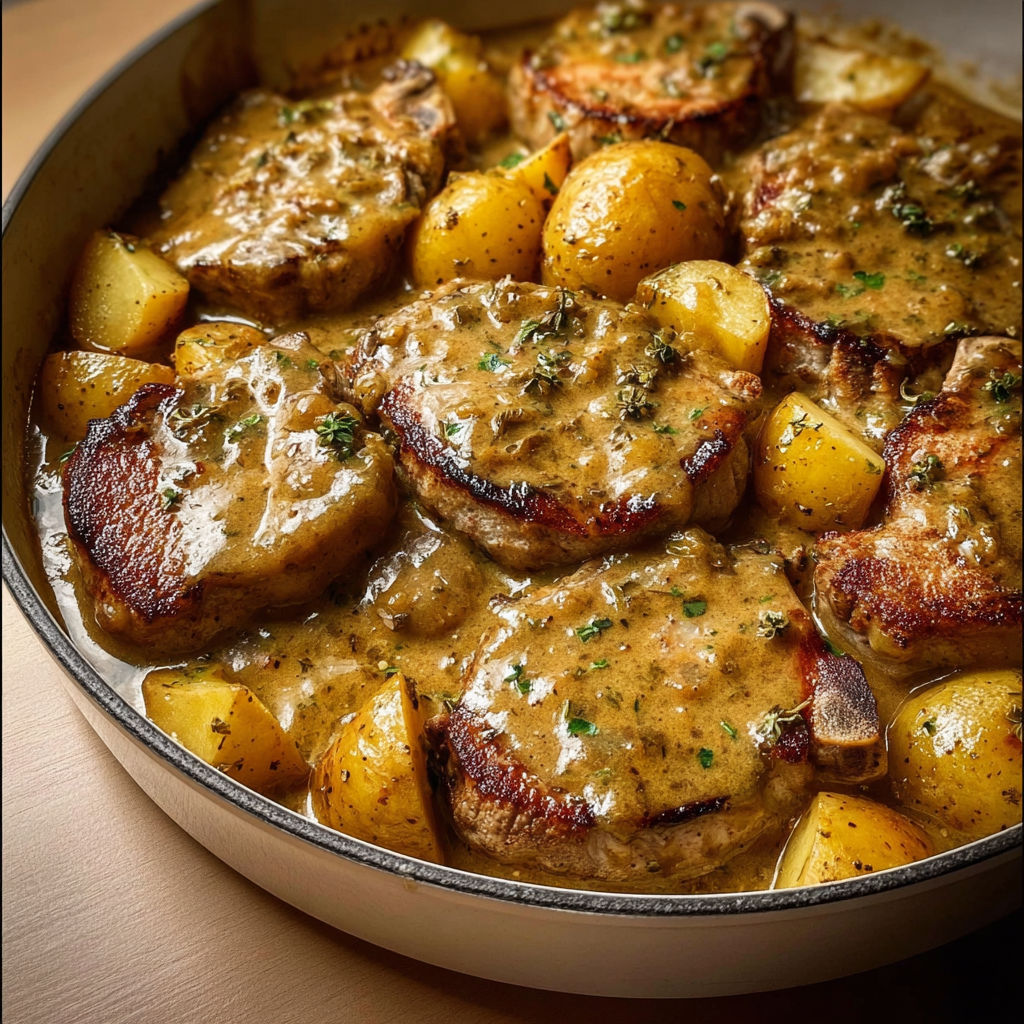 Cocotte de côtelettes de porc tendres servies avec pommes de terre en sauce parfumée.