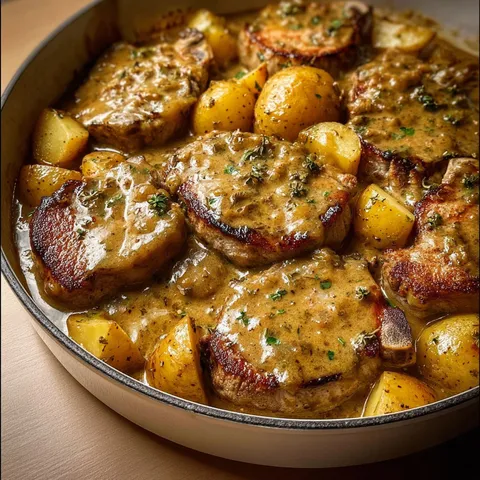 Cocotte de côtelettes de porc tendres servies avec pommes de terre en sauce parfumée.