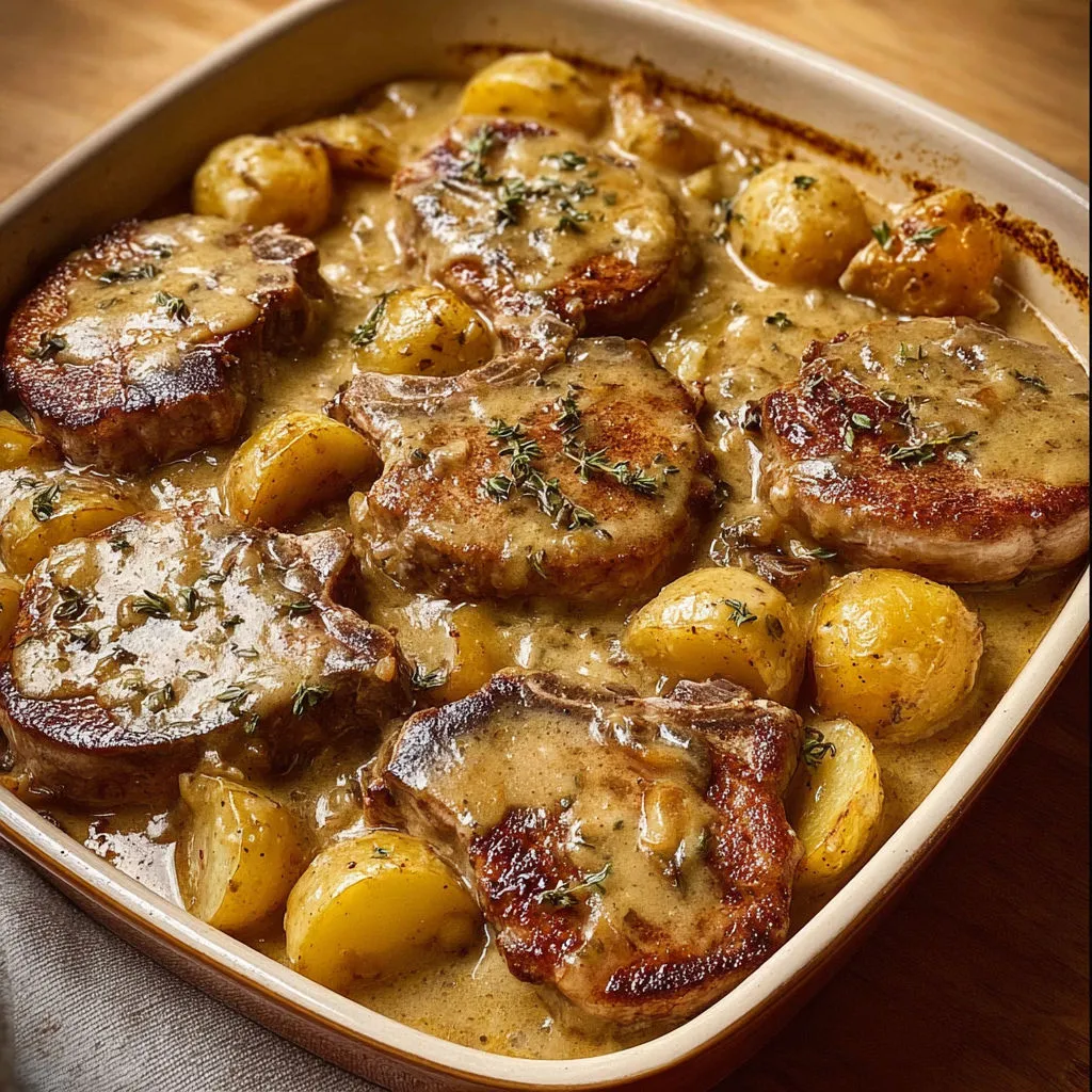 Un plat de porc chaud avec des patates et des herbes fraîches.