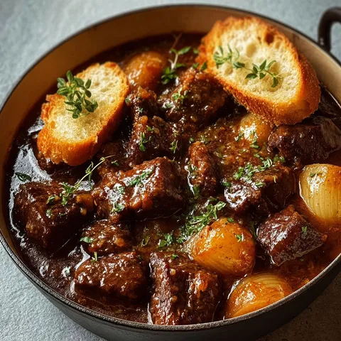 Plat traditionnel : bœuf mijoté avec bière blonde et oignons caramélisés.