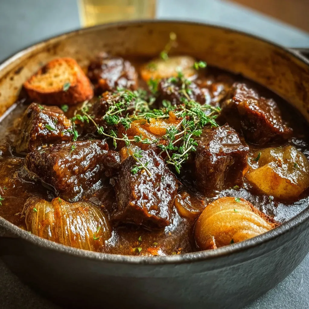 Une cocotte de viande mijotée à la bière blonde avec des herbes et du pain doré.