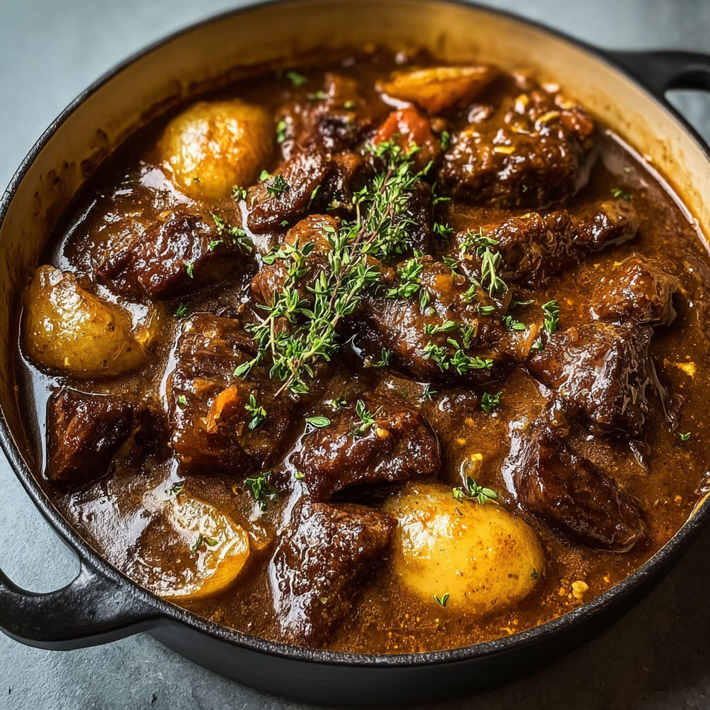 La carbonade flamande à la bière blonde servie dans un bol rustique.
