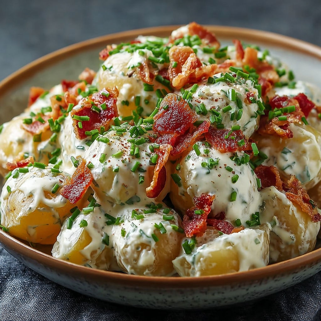 Un bol de pommes de terre tendres avec bacon et ail croustillants.