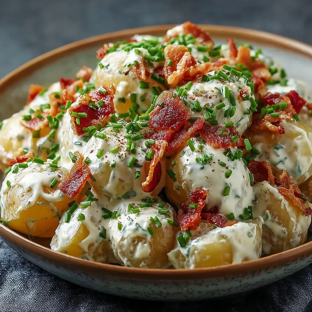 Un bol de pommes de terre tendres avec bacon et ail croustillants.