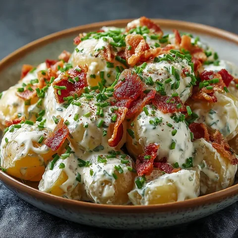 Un bol de pommes de terre tendres avec bacon et ail croustillants.