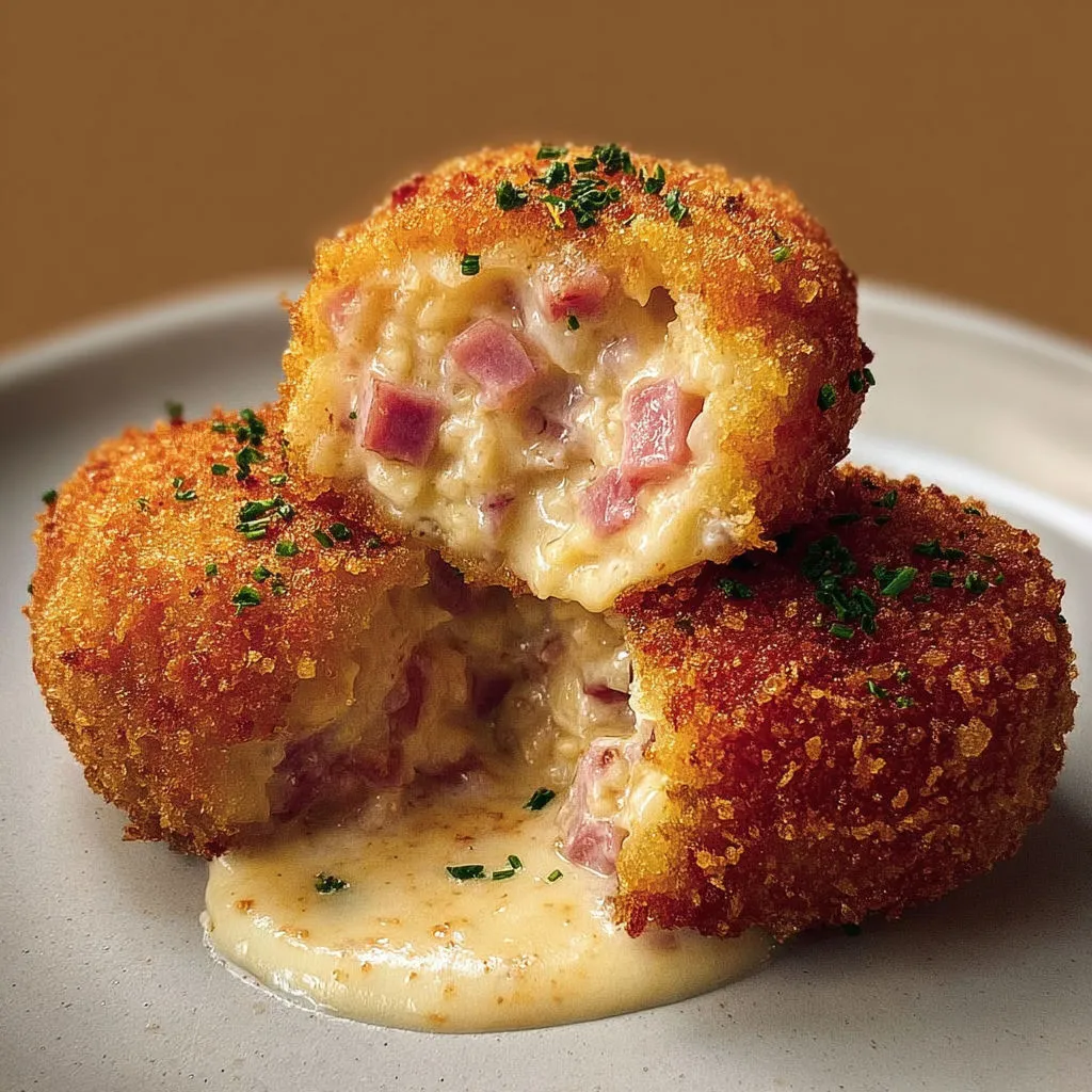 Un plat de croquettes généreuses au jambon et béchamel garnies de parmesan, servies sur une assiette.