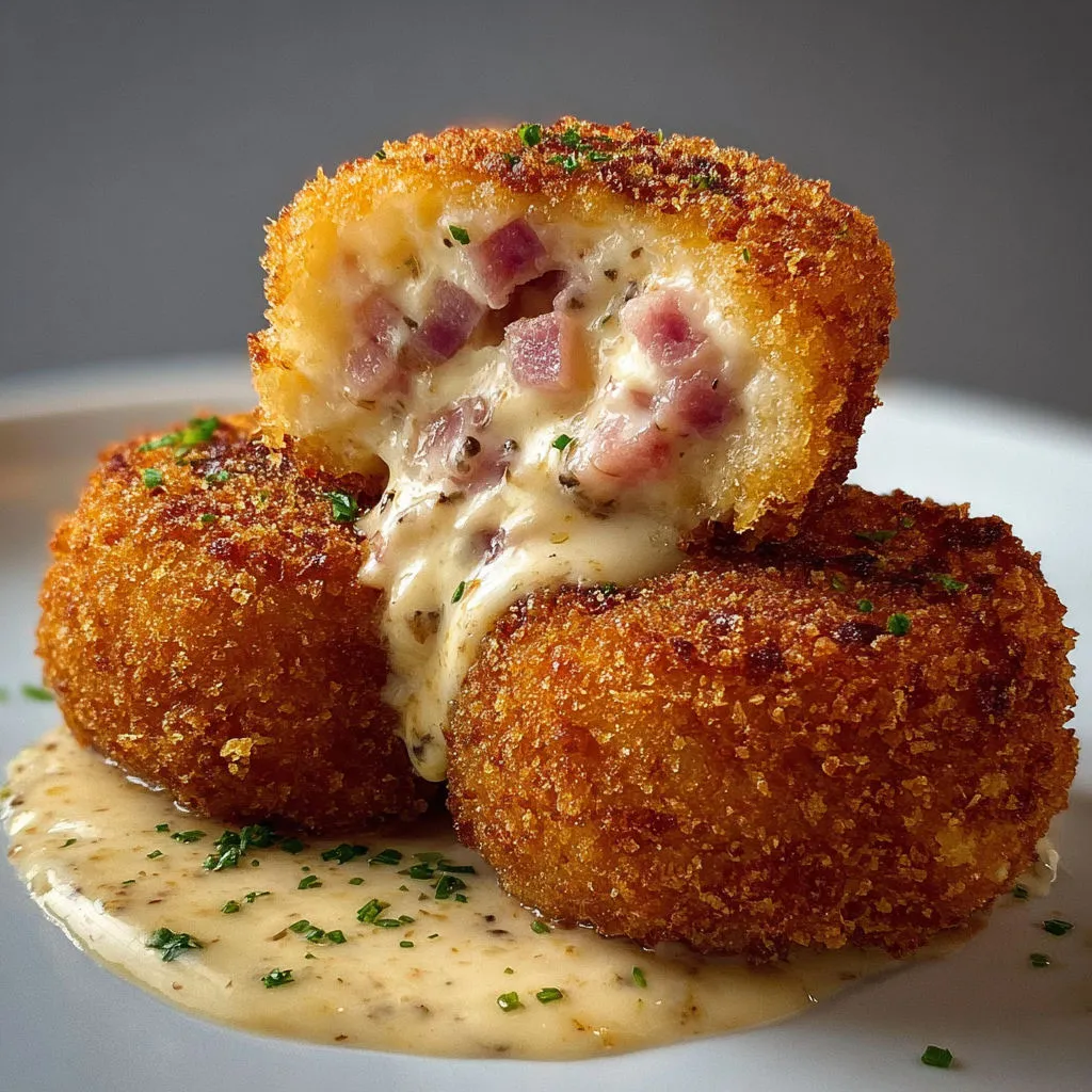 Une croquette nappée de fromage râpé et sauce au fromage.