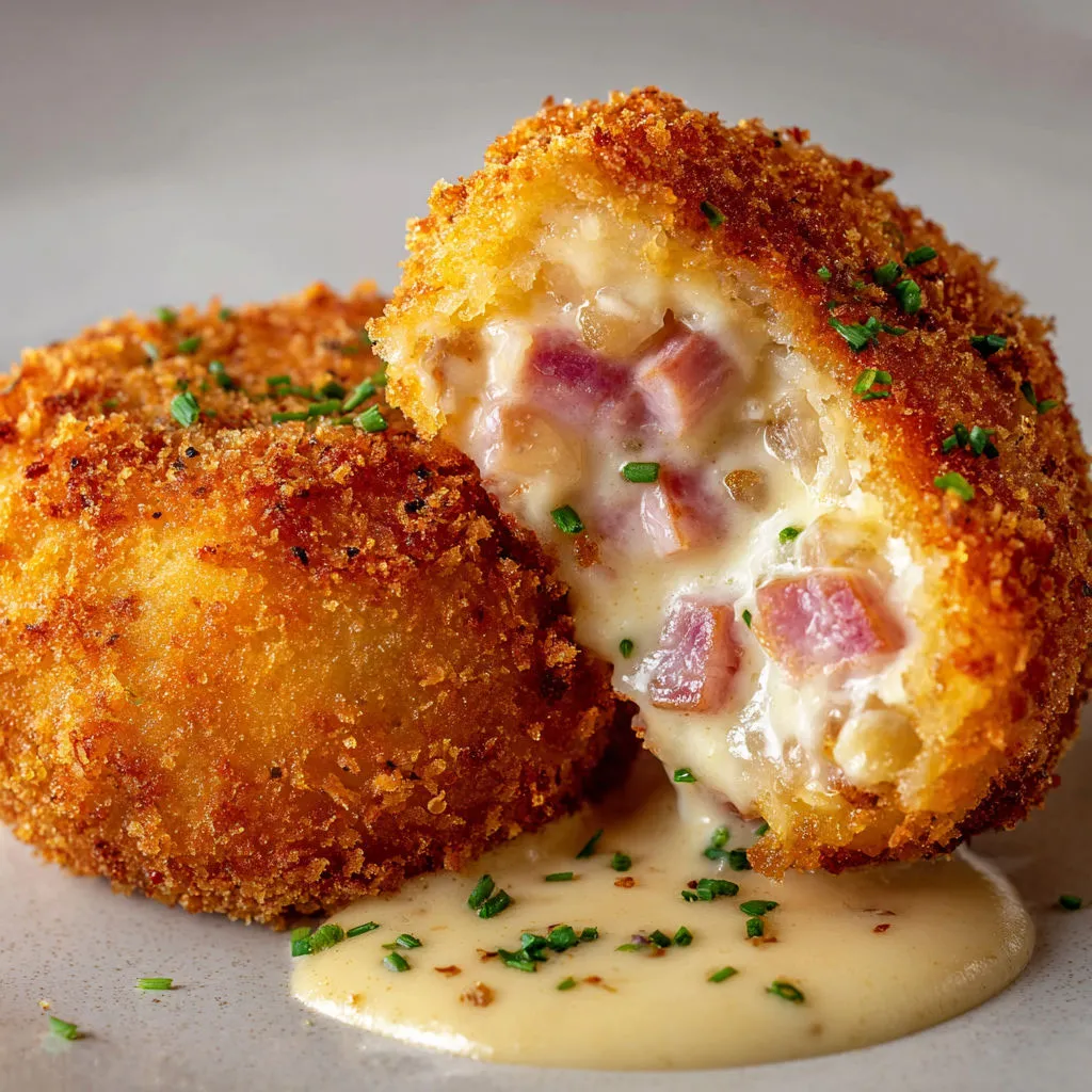 Une boule de croquette au poulet avec sauce pesto et herbes fraîches.