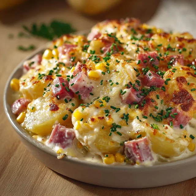 Un plat de pommes de terre au maïs et jambon, parsemé d’herbes vertes.
