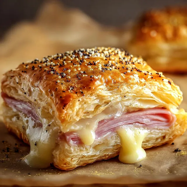 Un feuilleté garni de fromage et jambon sur une feuille.