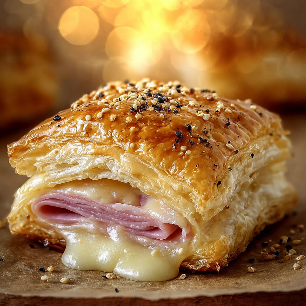 Quiche garnie de fromage et de jambon, avec quelques graines de cumin dessus.