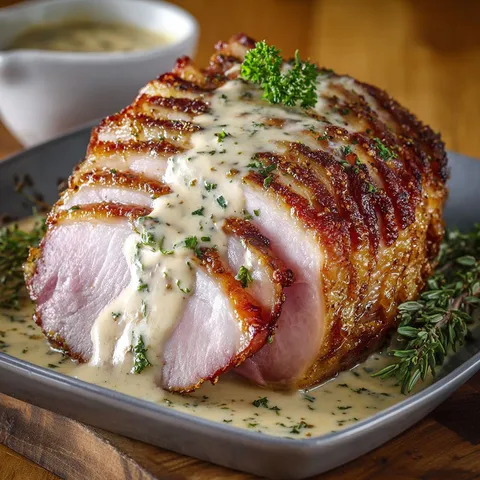 Porc tendre rôti au four, nappé de sauce moutarde onctueuse.