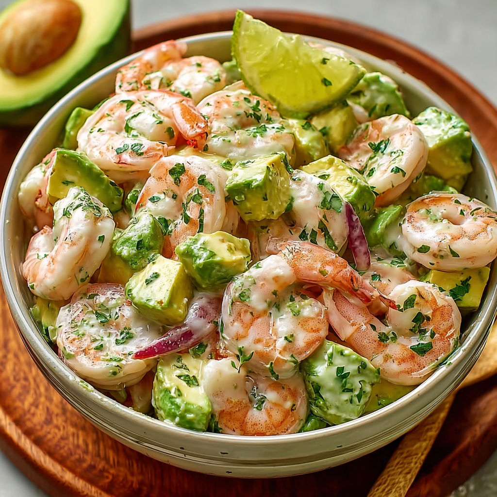 Un bol rempli d’une salade crémeuse aux crevettes et avocat.