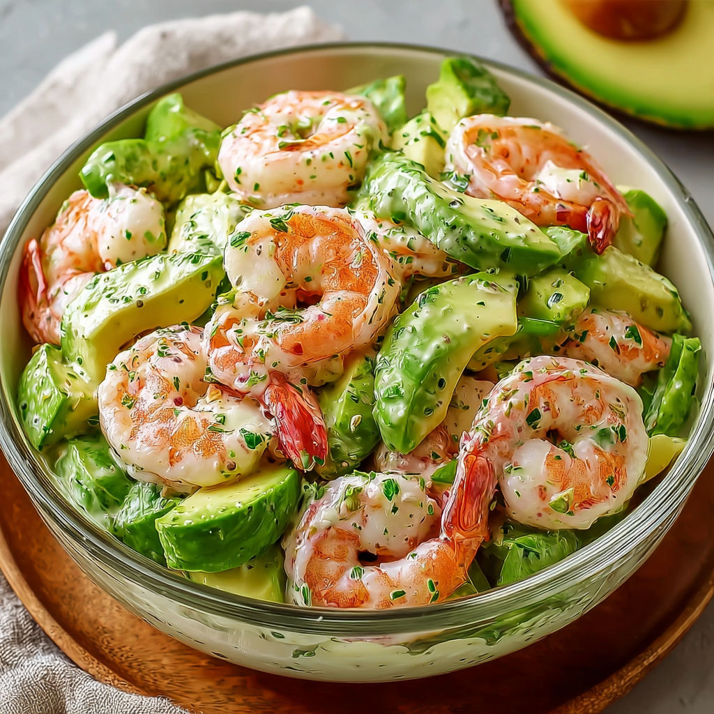 Salade fraîche de crevettes et avocat, nappée d’une sauce aux herbes et légumes verts.