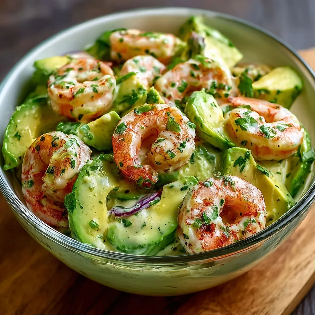 Salade crevettes avocat avec sauce yaourt et herbes fraîches, servie très fraîche.