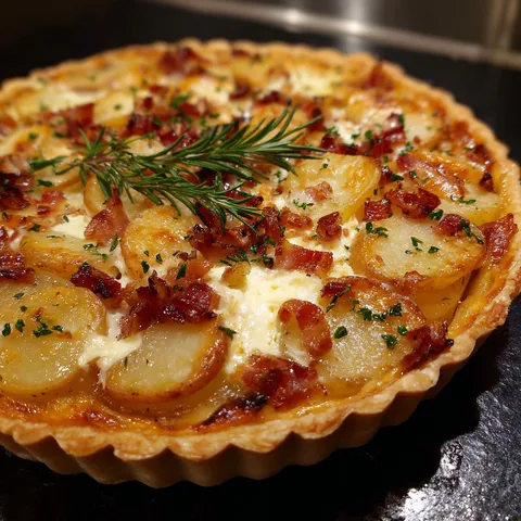 Un plat tentant de pommes, camembert et lardons sous une belle dorure.