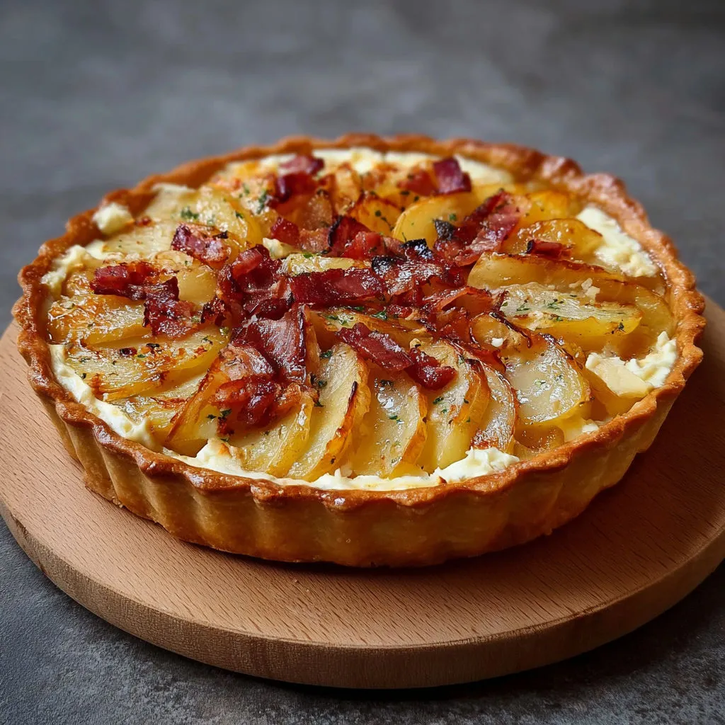 Une tarte aux pommes de terre et lardons, sur une planche en bois.