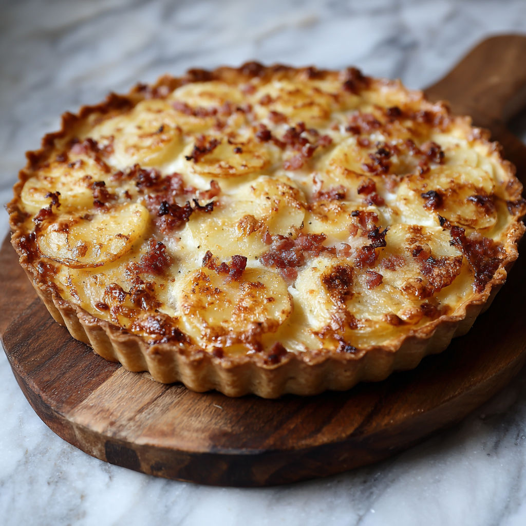 Une tarte aux pommes de terre et lardons, servie sur une planche en marbre.