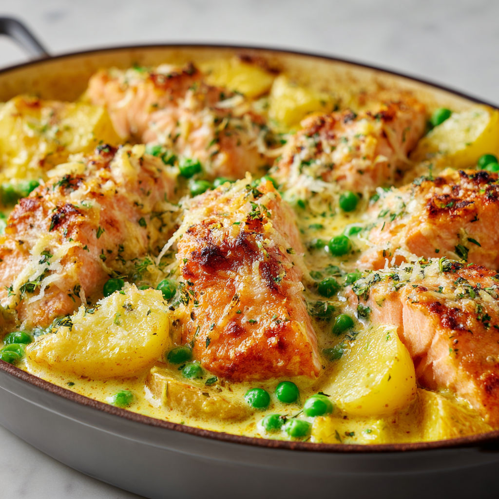 Cassolette de saumon coco-curry avec pommes de terre et pois, dans un bol en métal.