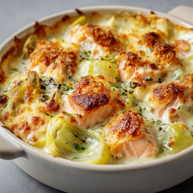 Un gratin de saumon accompagné de poireaux servi dans un plat.