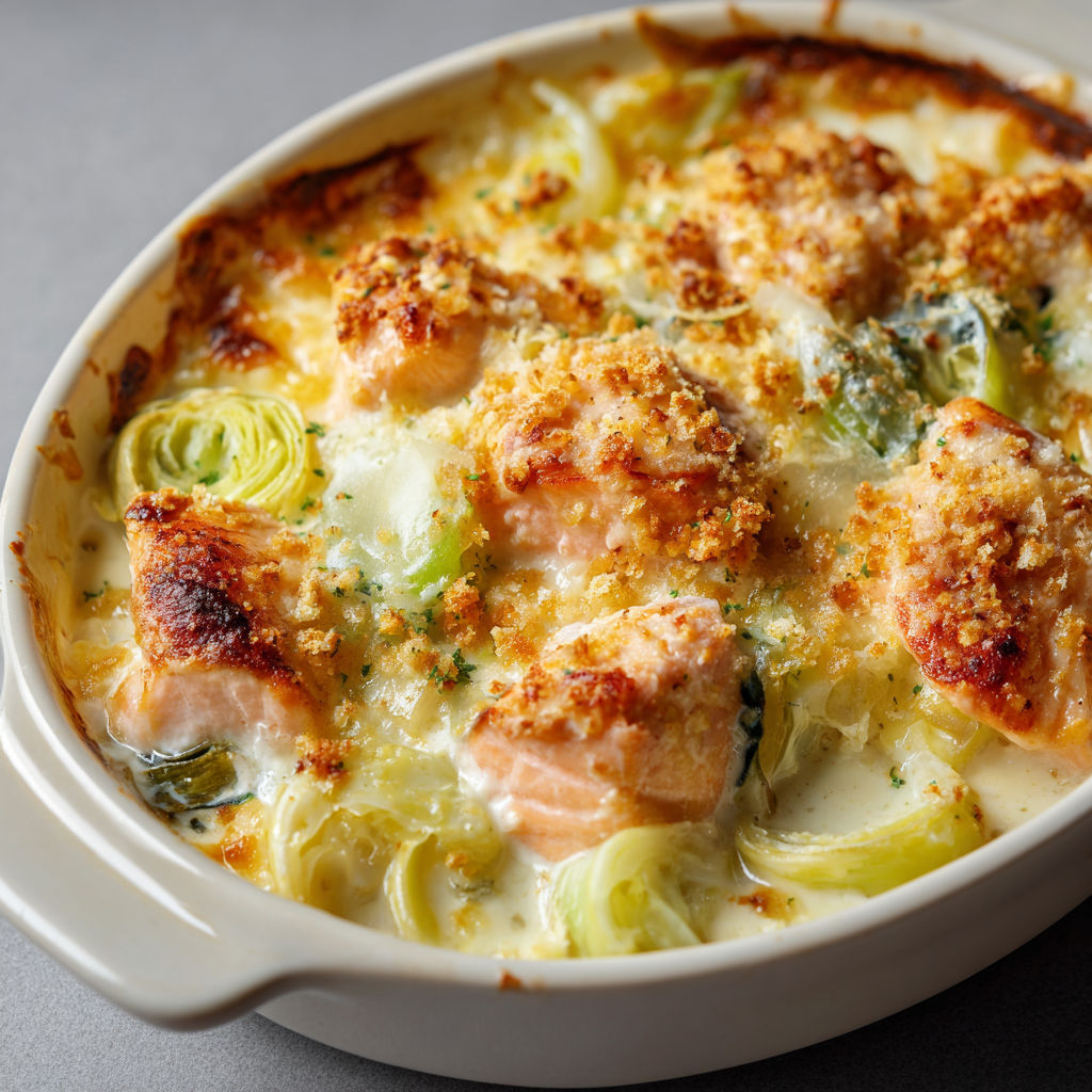 Un plat de poisson et légumes gratinés, avec une belle croûte dorée, servi dans un bol.