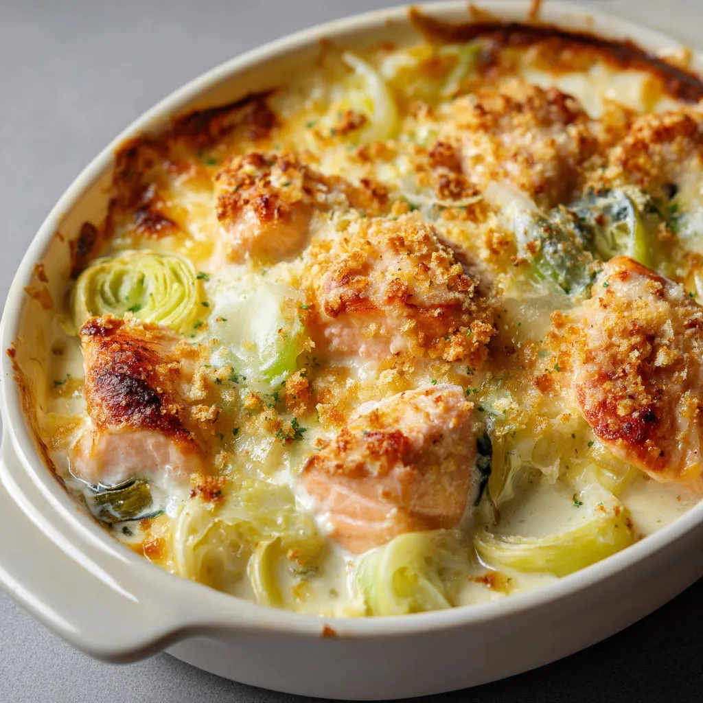 Un plat de poisson et légumes gratinés, avec une belle croûte dorée, servi dans un bol.
