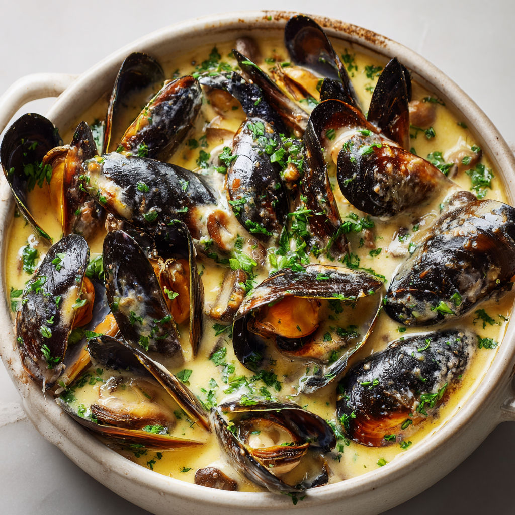 Une belle cassolette de moules au cidre avec champignons servis dans un joli bol.