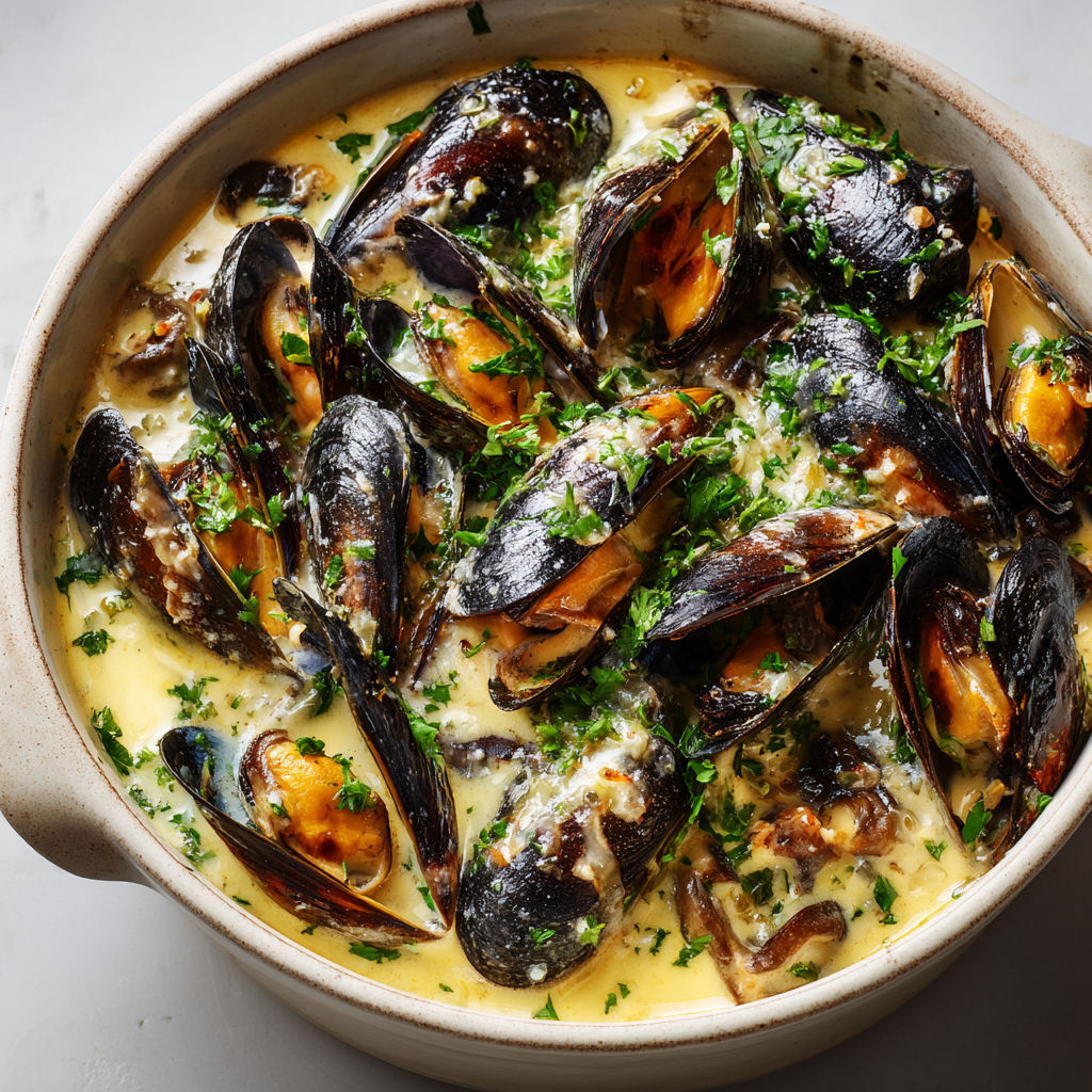 Une cassolette garnie de moules et d'herbes fraîches, prête à être dégustée.