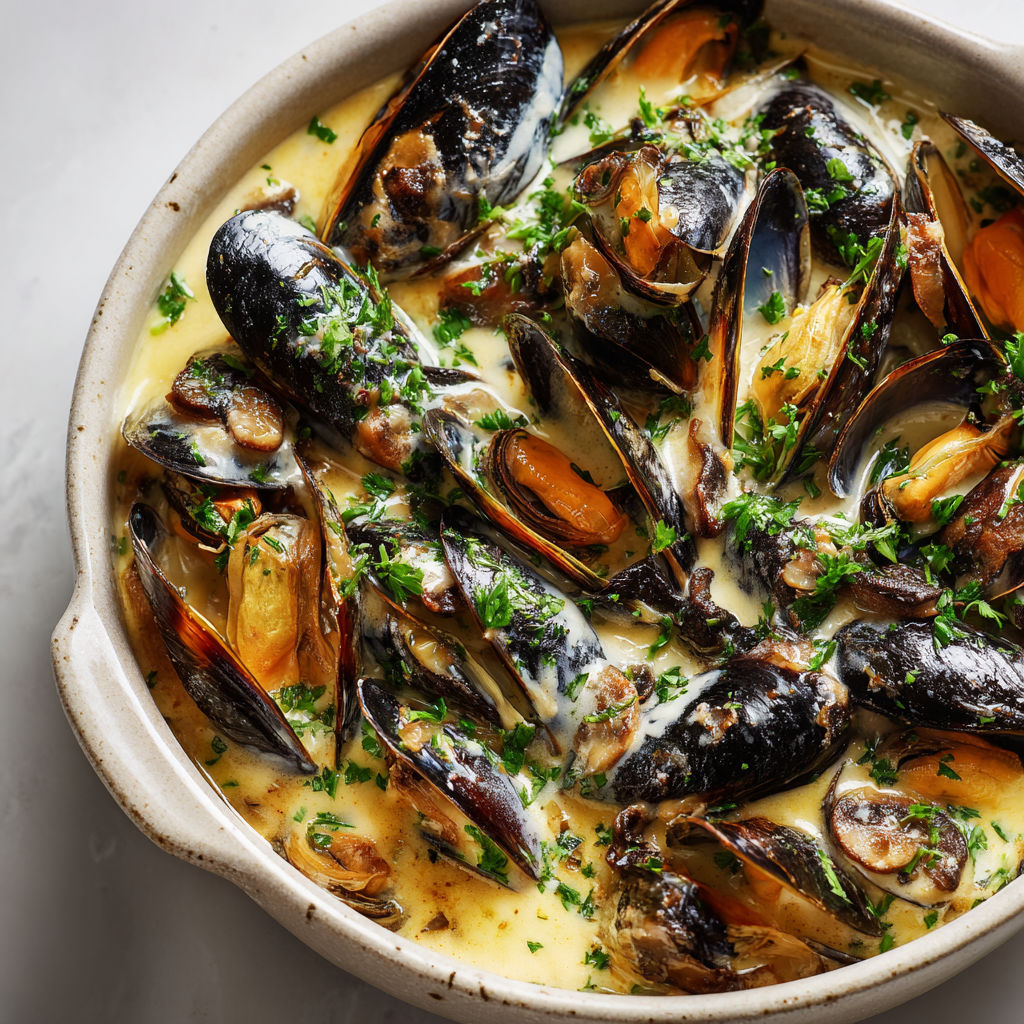 Plat de moules avec herbes fraîches, dans un joli bol, prêt à être partagé.
