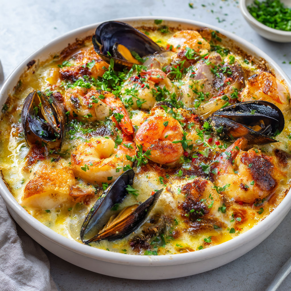 Une assiette de fruits de mer gratinés à la créole : moules, crevettes et cabillaud dans une sauce épicée.