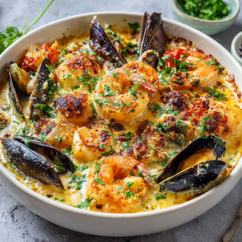 Un grand bol de bouillabaisse avec moules, crevettes et épinards.