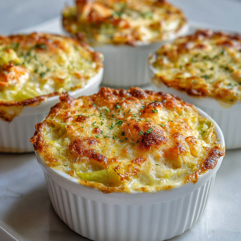 Délice gratiné poireaux et surimi fondants au gruyère.