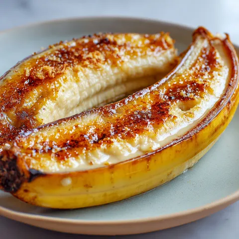 Une coque de banane garnie de crème caramélisée posée sur un support élégant.