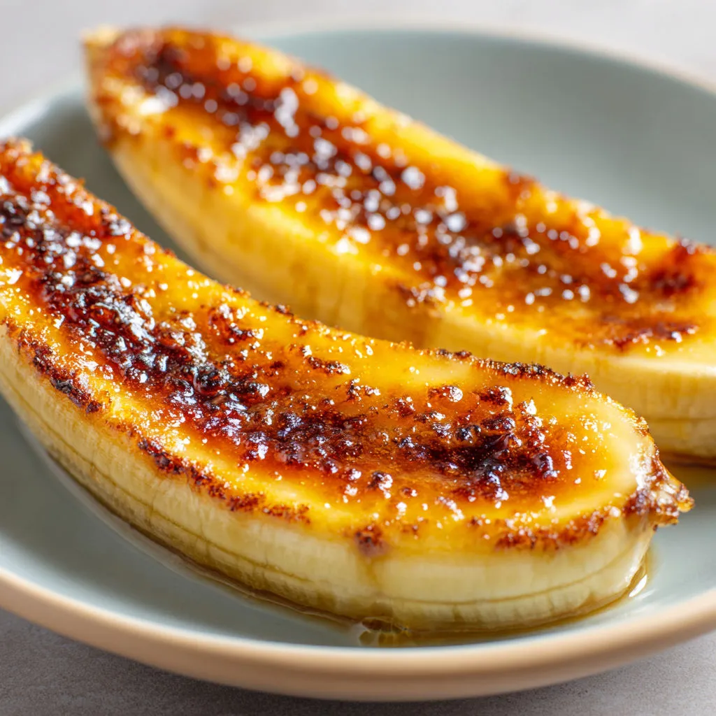 Bananes flambées sur un plateau.