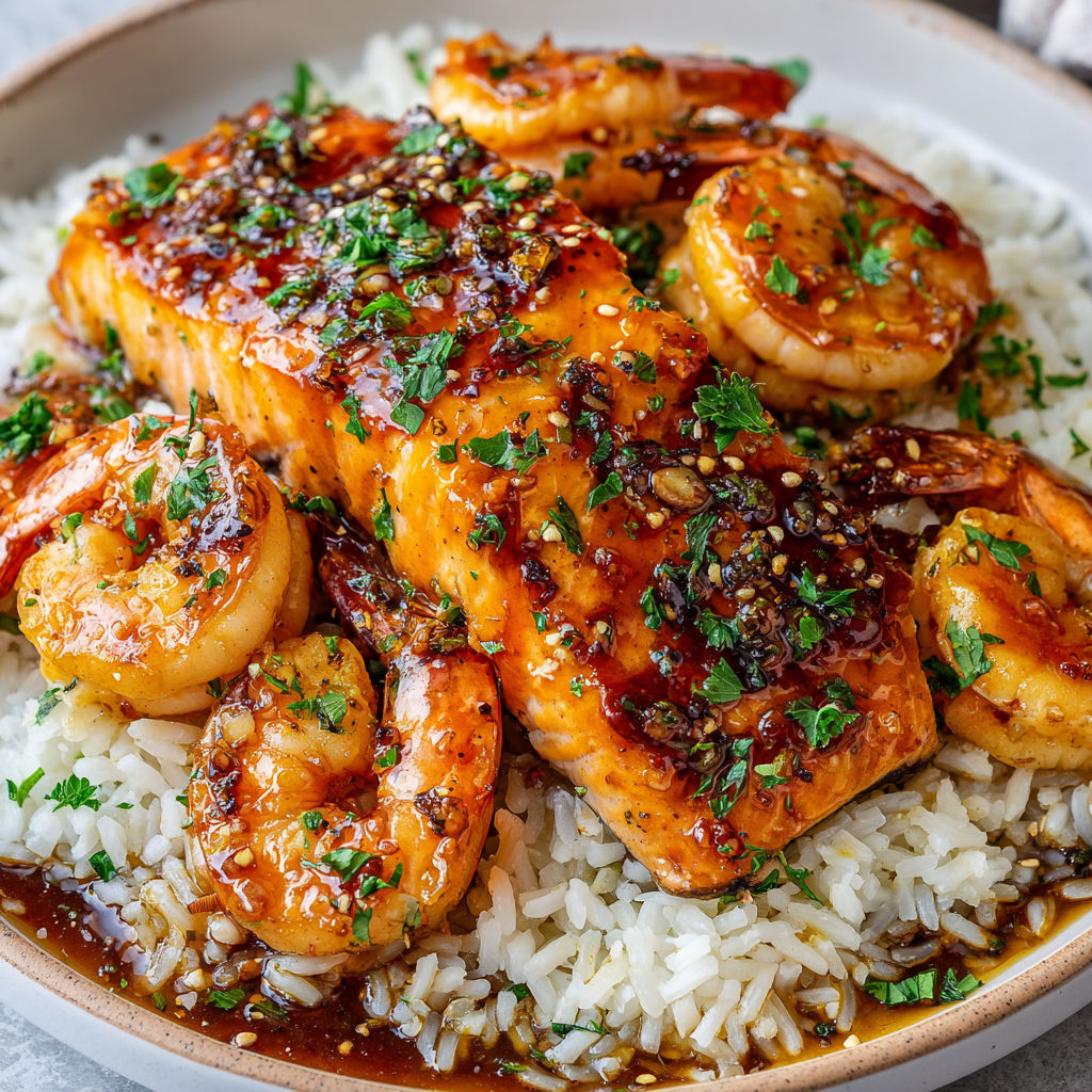 Poisson et crevettes joliment nappés de sauce miel et ail.
