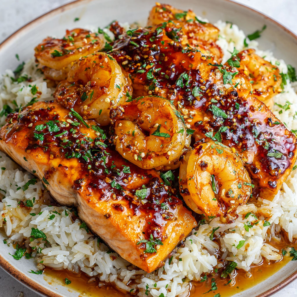 Un plat de poisson doré avec des légumes et herbes posés sur du riz.