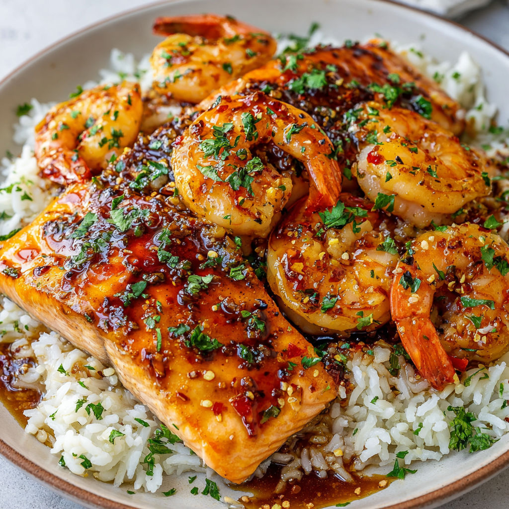 Un dos de poisson doré avec verdure et herbes, tout posé sur du riz.