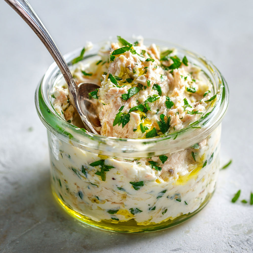 Une préparation au thon joliment présentée avec des herbes et une cuillère pour servir.