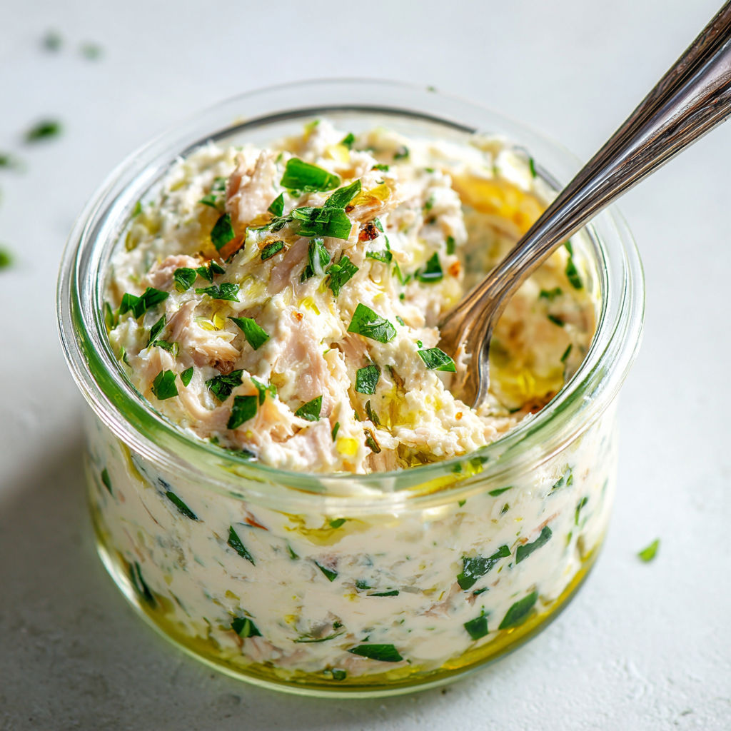 Une cuillère en argent plongée dans un bol plein de salade au poulet.