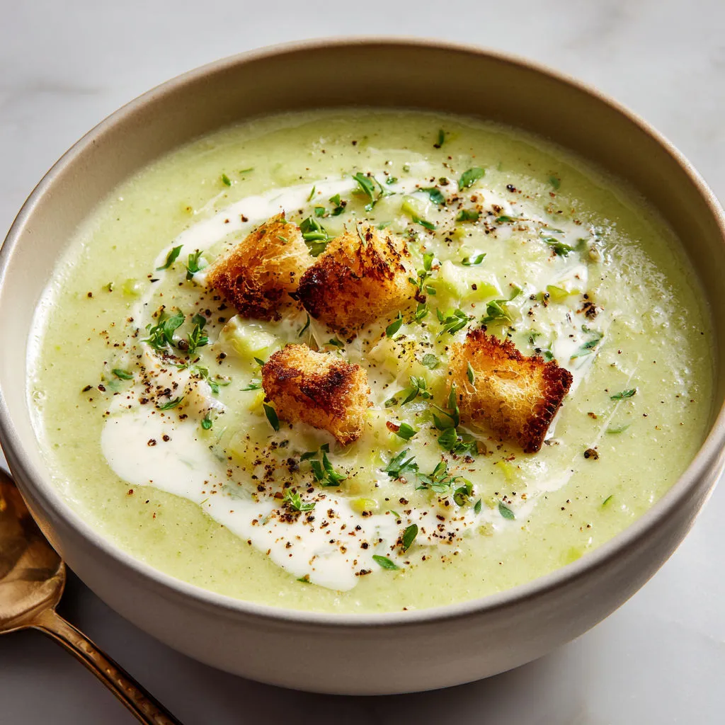 Un bol de soupe fumant, croûtons et herbes fraîches par-dessus.