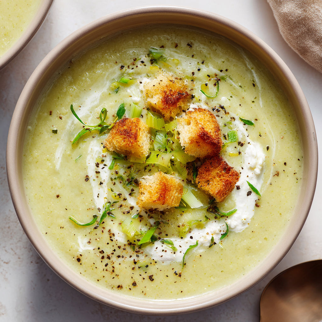 Soupe gourmande avec légumes, croûtons et herbes dans un joli bol.