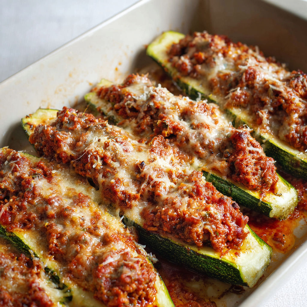 Courgettes au four garnies de bolognaise et gratinées avec du parmesan.