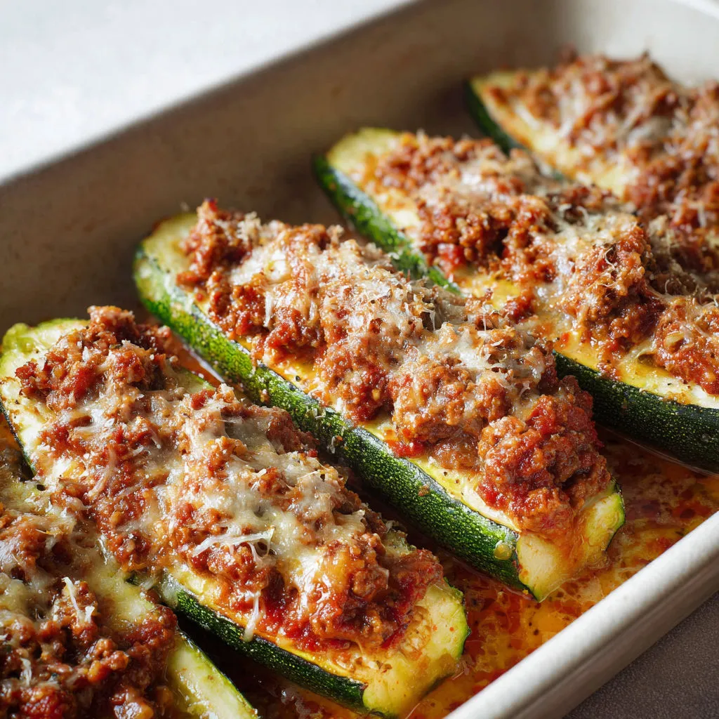 Un plat de courgettes garnies de sauce et d’herbes.