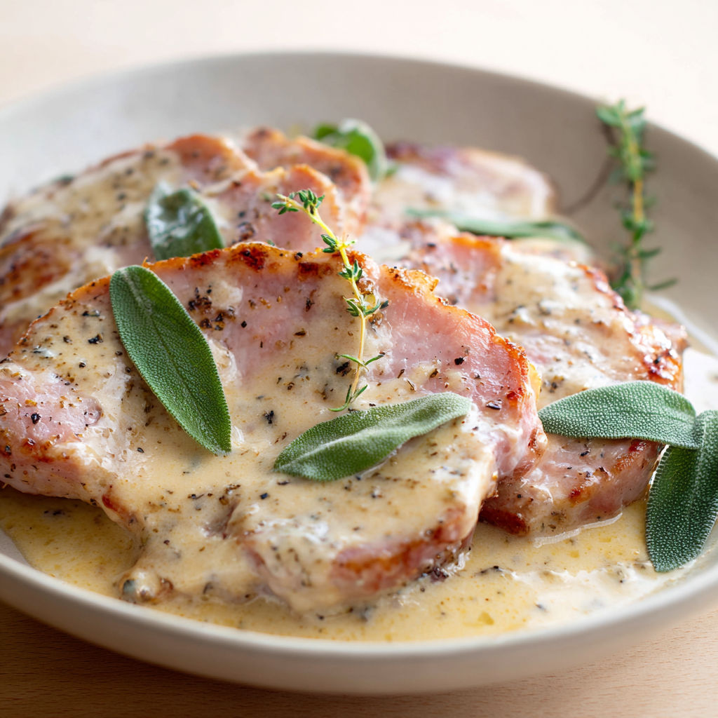 Jambon avec sauce crémeuse et sauge.