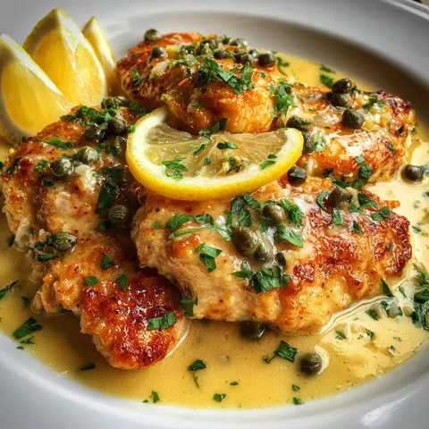 Filets de poulet au citron accompagnés de câpres et persil frais.